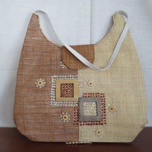 FABRIC WOOD & SEQUINS ACCENT TOTE BAG (186)